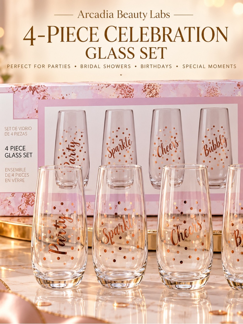 Pink & Gold Celebration 4-Piece Glass Set